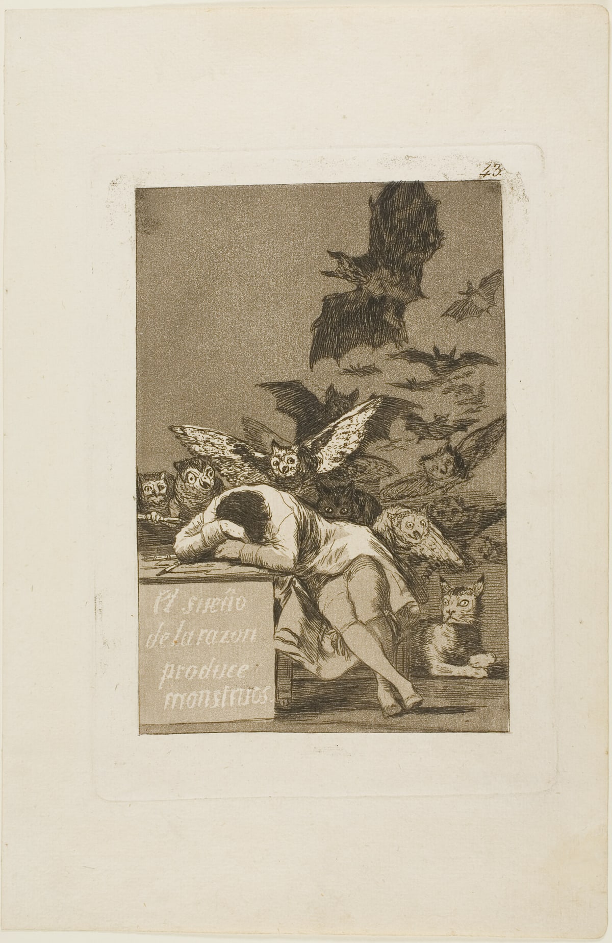 Francisco Goya's The Sleep of Reason Produces Monsters: a man asleep at his desk while owls and bats gather behind him